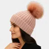 Fashnzfab Knitted Fox Fur Pom Pom Winter Beanie Hat In Pink