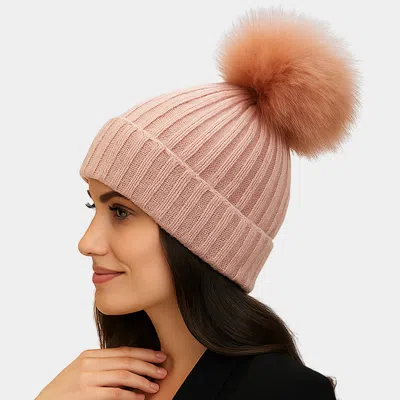 Fashnzfab Knitted Fox Fur Pom Pom Winter Beanie Hat In Pink