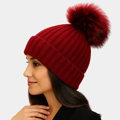 Fashnzfab Knitted Fox Fur Pom Pom Winter Beanie Hat In Red
