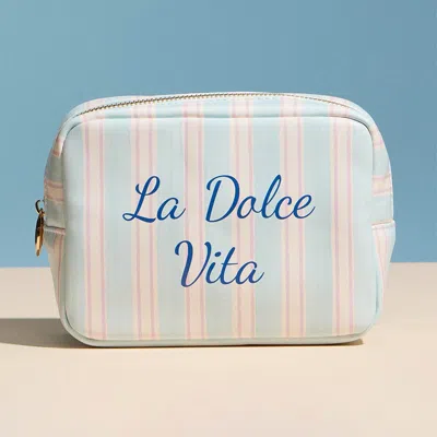 Fashnzfab La Dolce Vita Striped Print Portable Cosmetic Pouch Bag In Blue