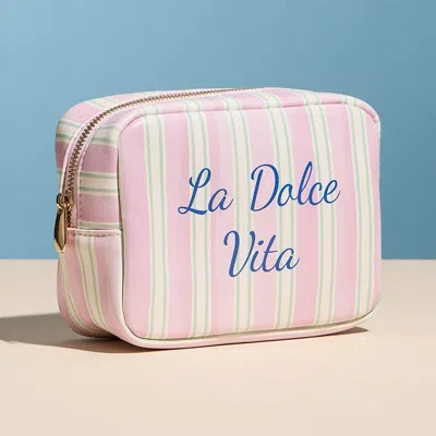 Fashnzfab La Dolce Vita Striped Print Portable Cosmetic Pouch Bag In Pink