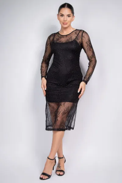 Fashnzfab Lace Rhinestone-studded Slit Midi Dress In Black