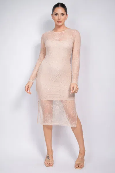 Fashnzfab Lace Rhinestone-studded Slit Midi Dress In Multi