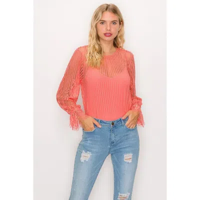 Fashnzfab Lace Trim Shadow Stripe Bodysuit In Pink