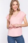 Fashnzfab Lace Trim V-neck Short Sleeve Ribbed Top In Pink