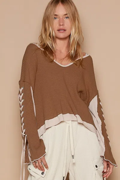 Fashnzfab Lace-up Sleeve Color Block Ribbed Knit Top In Multi