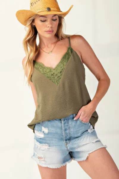 Fashnzfab Laced Textured Poly Woven Camisole In Green