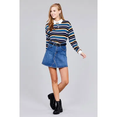 Fashnzfab Ladies Fashion Plus Size Long Sleeve Multi Striped Dty Brushed Shirts In Blue