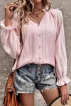 Fashnzfab Lapel V Neck Button Down Solid Long Sleeves Shirt
