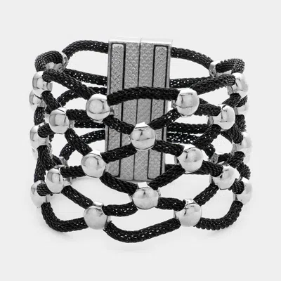 Fashnzfab Lattice Metal Mesh Ball Magnetic Bracelet Black, Rhodium In Multi