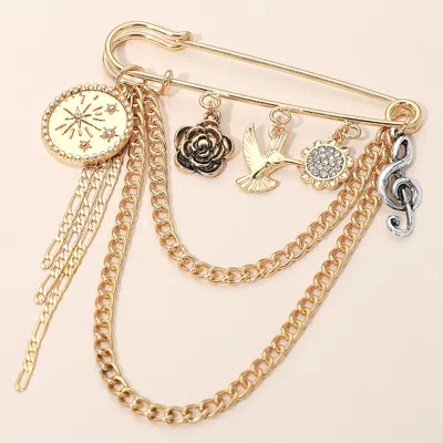 Fashnzfab Layered Chain Floral Bird Coin Treble Clef Charm Safety Pin Brooch In Silver
