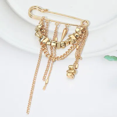 Fashnzfab Layered Chain Metal Pebble Beaded Safety Pin Brooch In Gold