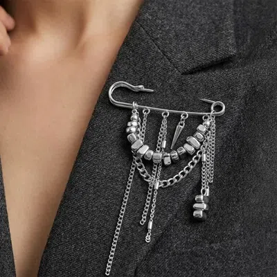 Fashnzfab Layered Chain Metal Pebble Beaded Safety Pin Brooch In Pattern