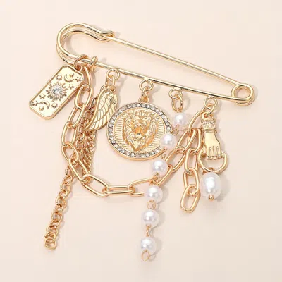 Fashnzfab Layered Chain Pearl Hand Wing Lion Medallion Charm Safety Pin Brooch In Silver