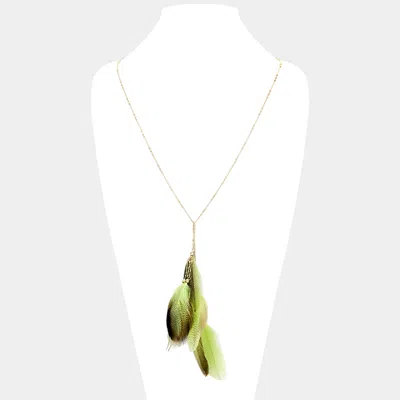 Fashnzfab Layered Feather Pendant Long Necklace In Green