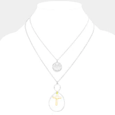 Fashnzfab Layered Jesus Metal Disc Cross Bib Necklace In Metallic
