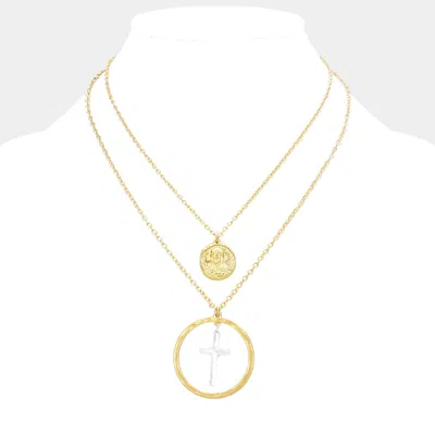 Fashnzfab Layered Jesus Metal Disc Cross Bib Necklace In Gold