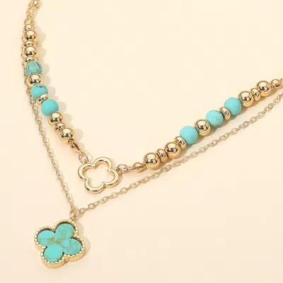 Fashnzfab Layered Quatrefoil Pendant Accent Necklace - Gold, Turquoise In Multi