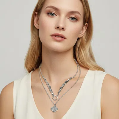 Fashnzfab Layered Quatrefoil Pendant Accent Necklace - Gray, Rhodium In Multi