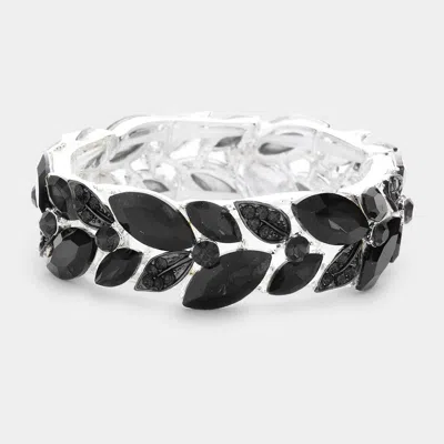 Fashnzfab Leaf Accented Marquise Stone Stretch Evening Bracelet Black