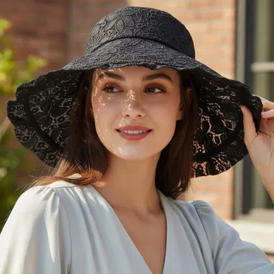Fashnzfab Leaf Detailed Chin Tie Lace Sun Hat In Black
