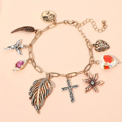 Fashnzfab Leaf Flower Angel Cross Heart Wing Charm Station Paperclip Chain Bracelet Three Tone In Multi