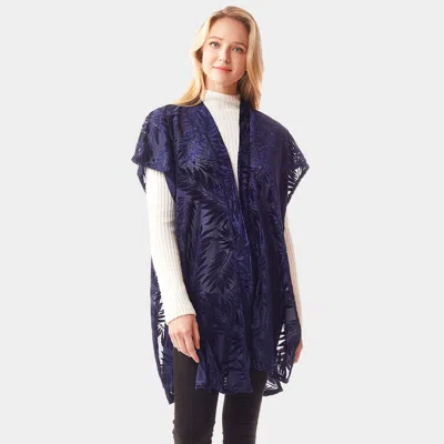 Fashnzfab Leaf Patterned Velvet Burnout Shawl Poncho In Blue