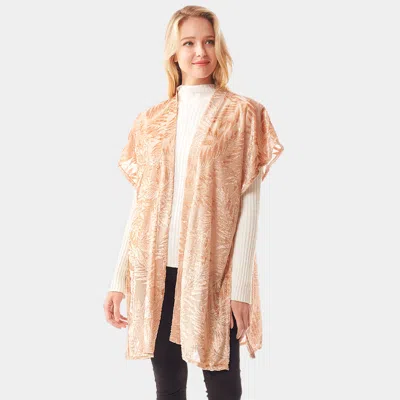Fashnzfab Leaf Patterned Velvet Burnout Shawl Poncho In Sand