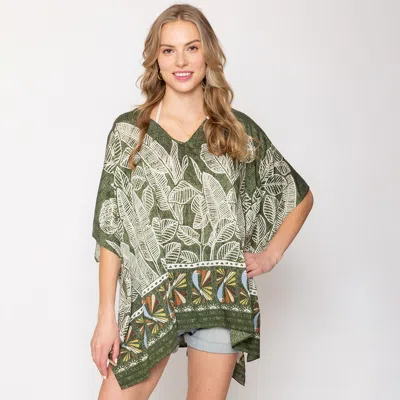 Fashnzfab Leaf Print Cover Up Poncho In Green