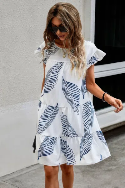 Fashnzfab Leaf Print Ruffle Sleeves A Line Midi Dress In Multi