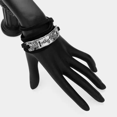 Fashnzfab Leaf Twig Metal Bar Pointed Faux Suede Wrap Bracelet Black, Worn Silver In Multi