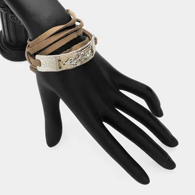 Fashnzfab Leaf Twig Metal Bar Pointed Faux Suede Wrap Bracelet Neutral, Worn Silver