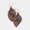 Fashnzfab Leather Metal Leaf Dangle Earrings - Burgundy, Patina Verdigris In Multi