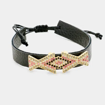Fashnzfab Leather Pave Crystal Rhinestone Adjustable Cinch Pull Tie Bracelet Black, Black Diamond, Clear, Matt In Multi
