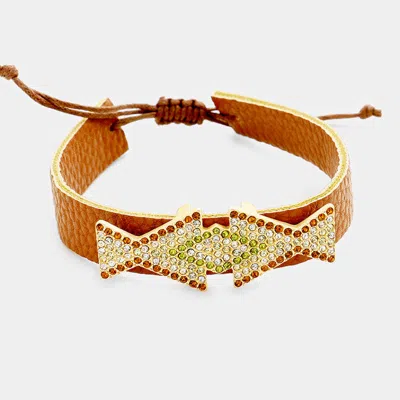 Fashnzfab Leather Pave Crystal Rhinestone Adjustable Cinch Pull Tie Bracelet Brown, Clear, Matte Gold, Peridot In Multi