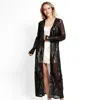 Fashnzfab Leaves Pattern Sequin Long Cover-up Kimono Poncho In Black