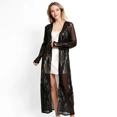 Fashnzfab Leaves Pattern Sequin Long Cover-up Kimono Poncho In Black