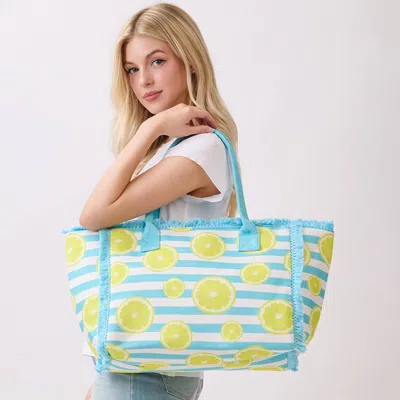 Fashnzfab Lemon Pattern Stripe Fringe Trim Shoulder Tote Bag In Green