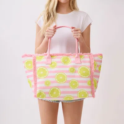 Fashnzfab Lemon Pattern Stripe Fringe Trim Shoulder Tote Bag In Pink