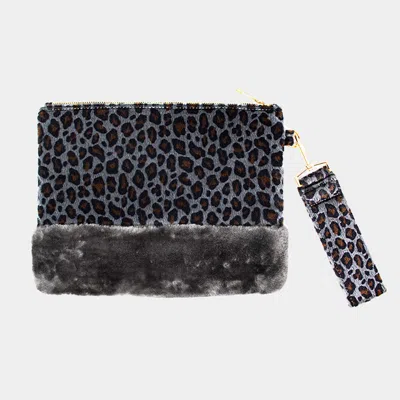 Fashnzfab Leopard Animal Print Fur Clutch Bag In Gray