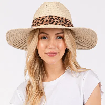 Fashnzfab Leopard Band Straw Sun Hat In Sand