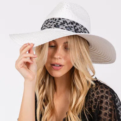 Fashnzfab Leopard Band Straw Sun Hat In White