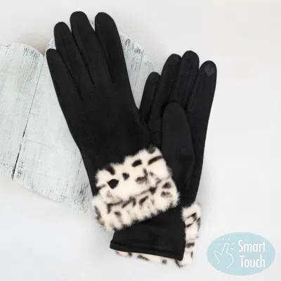 Fashnzfab Leopard Faux Fur Cuff Smart Touch Gloves In Black