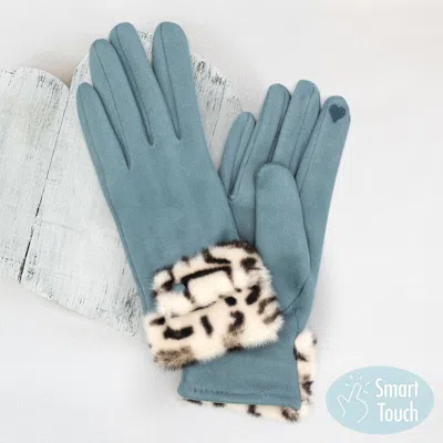 Fashnzfab Leopard Faux Fur Cuff Smart Touch Gloves In Blue