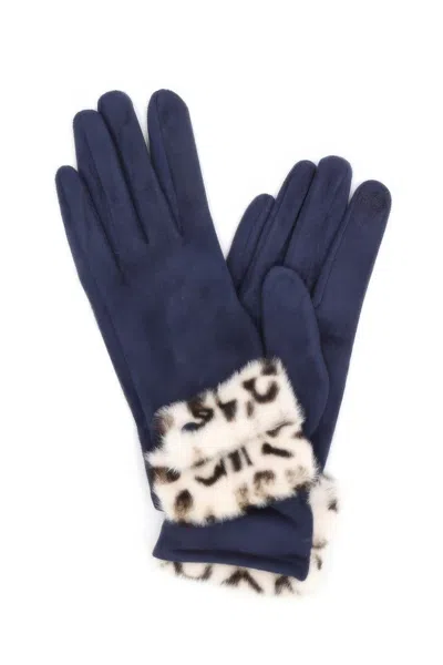 Fashnzfab Leopard Faux Fur Cuff Smart Touch Gloves In Blue