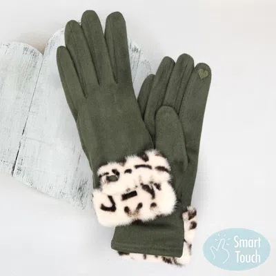 Fashnzfab Leopard Faux Fur Cuff Smart Touch Gloves In Green