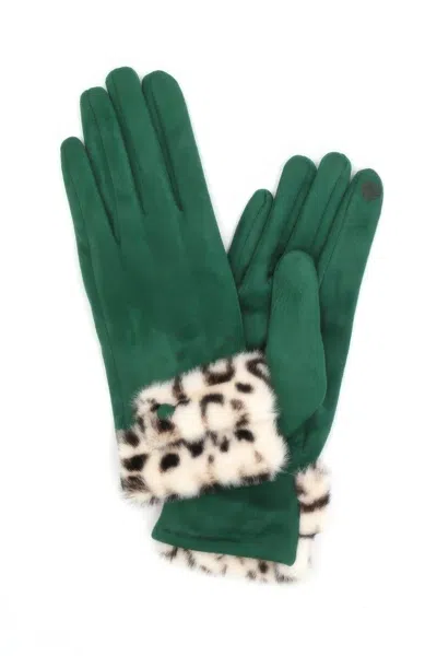 Fashnzfab Leopard Faux Fur Cuff Smart Touch Gloves In Green