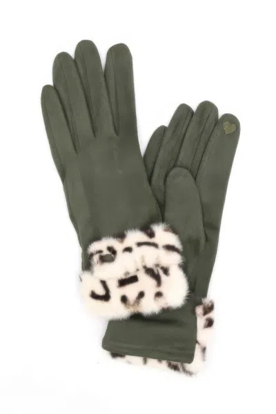 Fashnzfab Leopard Faux Fur Cuff Smart Touch Gloves In Green