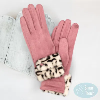 Fashnzfab Leopard Faux Fur Cuff Smart Touch Gloves In Pink