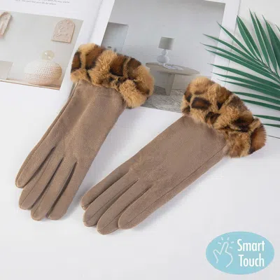 Fashnzfab Leopard Faux Fur Wrist Trim Smart Touch Winter Gloves In Gray
